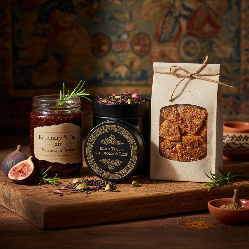 Une image éditoriale magnifiquement stylisée mettant en valeur trois produits artisanaux haut de gamme : un pot de confiture de romarin et de figues, une boîte de thé noir à la cardamome et à la rose et des crackers salés assaisonnés de paprika fumé et de zaatar. La composition met l'accent sur un savoir-faire de haut niveau et une influence culinaire mondiale sophistiquée, parfaite pour les blogs gastronomiques, la vente au détail et le contenu lifestyle.