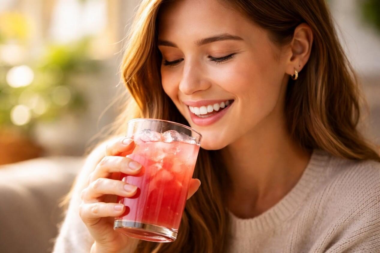 Primer plano de alta calidad de un consumidor sonriente disfrutando de una bebida fría. Una iluminación cálida y natural y un fondo suavemente borroso enfatizan la satisfacción emocional de un producto con buen sabor, perfecto para imágenes de marketing, estilo de vida y marca de producto.