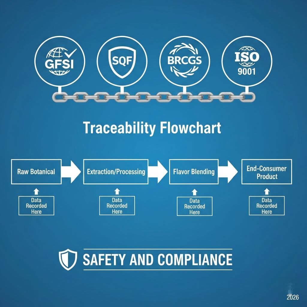 Una infografía completa que demuestra el vínculo entre las certificaciones GFSI, SQF, BRCGS e ISO 9001 y un diagrama de flujo de trazabilidad transparente desde la materia prima botánica hasta el producto de consumo final.