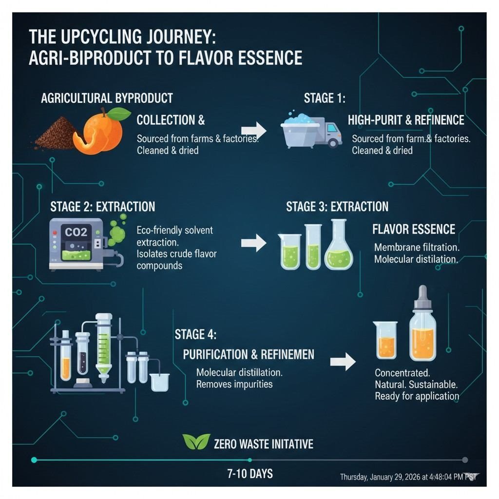 Une infographie technique étape par étape illustrant le parcours de valorisation des sous-produits agricoles en essences aromatiques durables de haute pureté grâce à une extraction et une purification avancées.