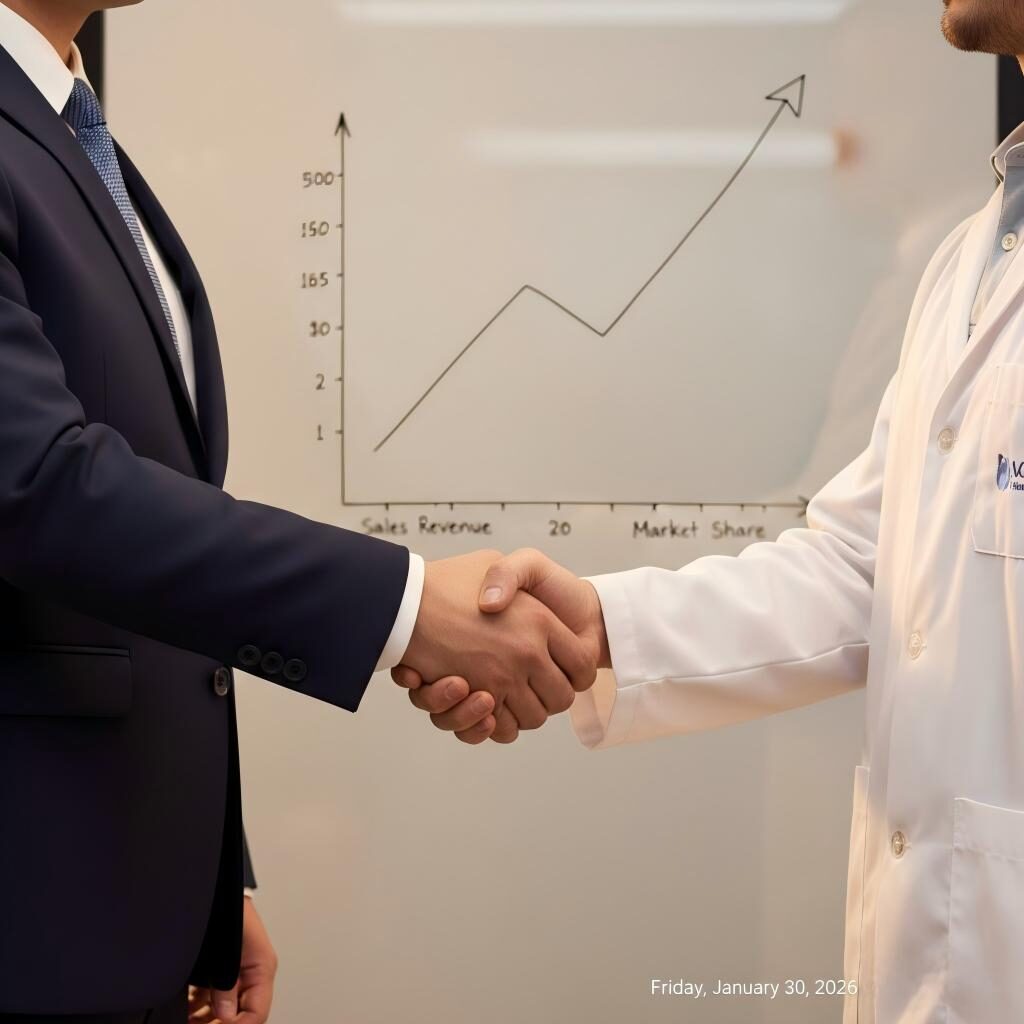 Une poignée de main professionnelle entre un dirigeant d'entreprise et un scientifique en alimentation, avec une courbe de croissance en arrière-plan pour symboliser le succès économique de l'innovation stratégique en matière de saveurs.