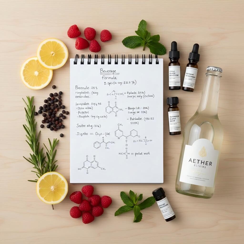 Une image professionnelle à plat présentant le parcours de développement des boissons. Comprend une tablette numérique avec des formules complexes, des ingrédients botaniques frais comme des citrons et des baies, des flacons de saveurs professionnelles et une bouteille de boisson haut de gamme.