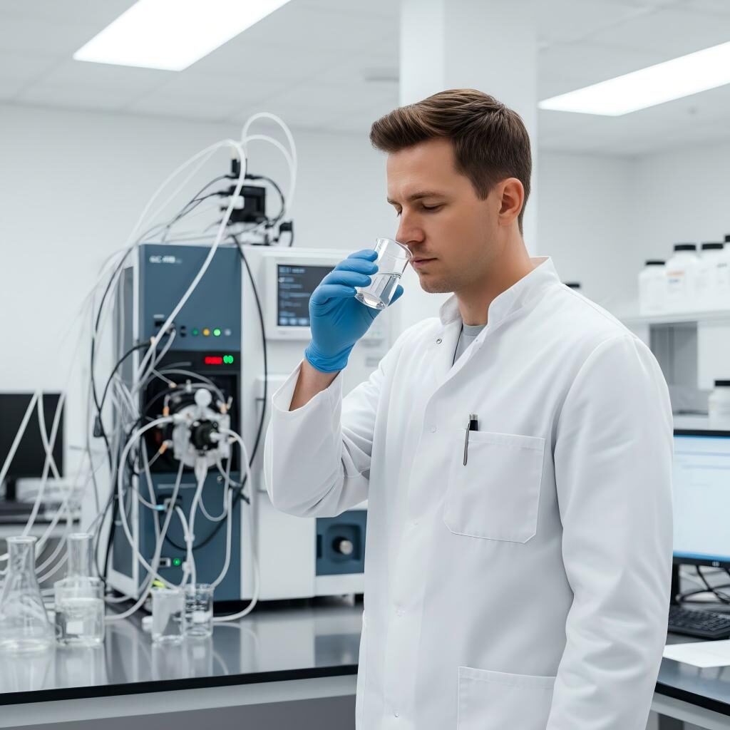 Un scientifique professionnel des arômes effectuant des analyses sensorielles dans un laboratoire moderne équipé de la technologie GC-MS pour des solutions aromatiques fondées sur la science.