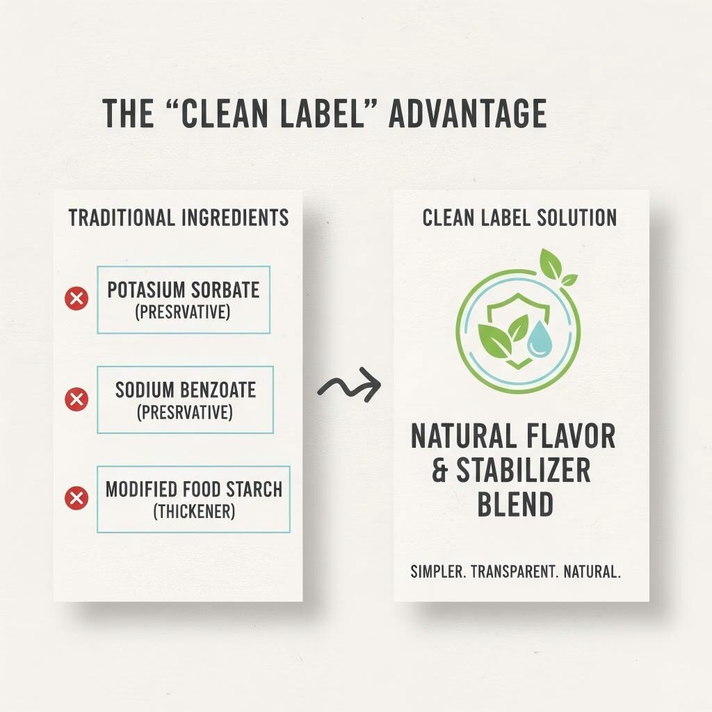 Une infographie montrant la transition des additifs chimiques traditionnels comme les sorbates et les benzoates vers un mélange simplifié et transparent d'arômes naturels et de stabilisants.