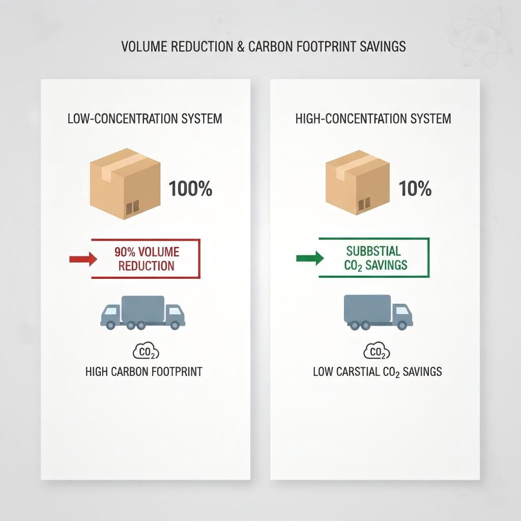 Une infographie comparative montrant comment le passage de systèmes à faible concentration à des systèmes à haute concentration entraîne une réduction de volume de 90 % et des économies significatives d'empreinte carbone.