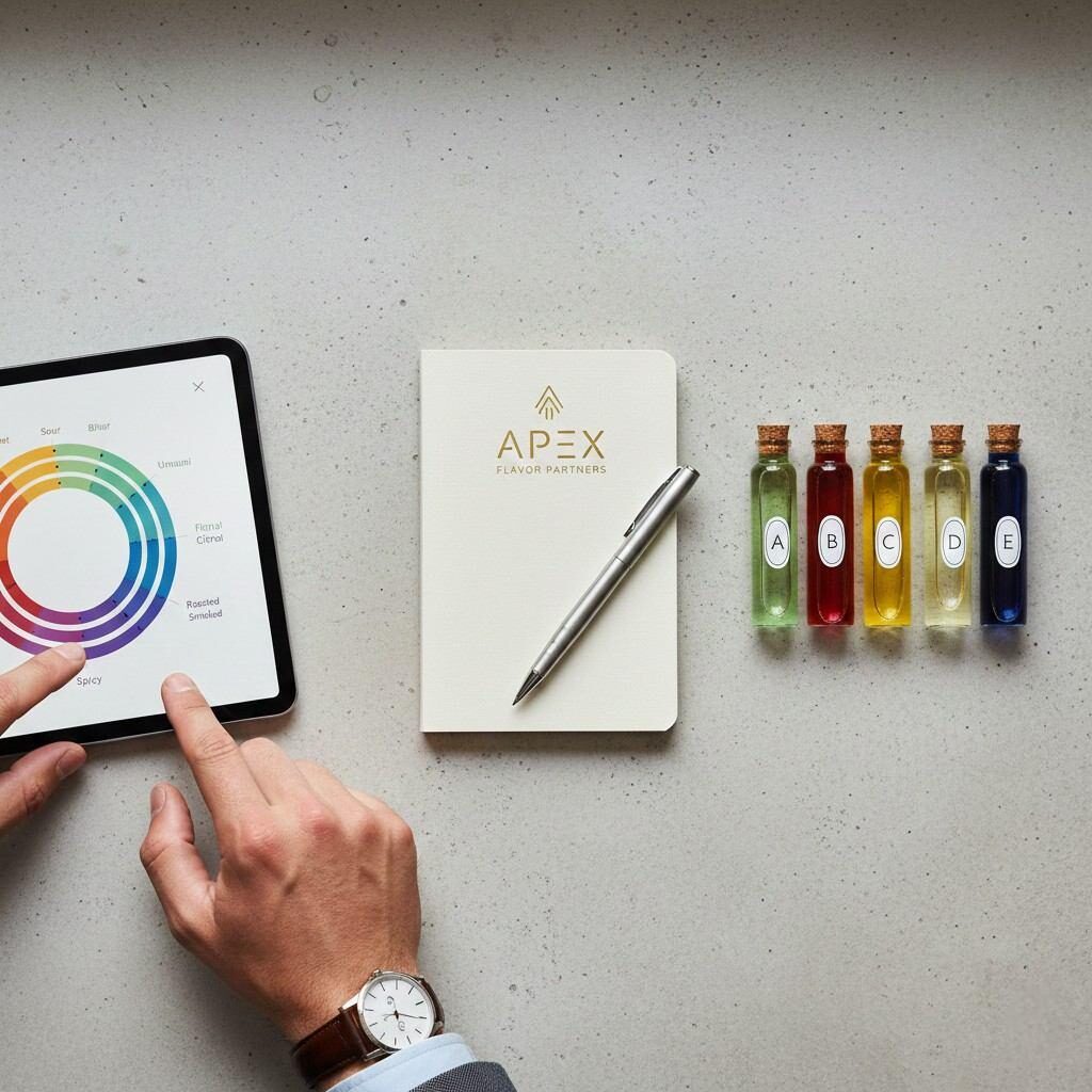 Mise à plat éditoriale professionnelle capturant la précision du développement des saveurs. Comprend un élégant bloc-notes de marque, un stylo, des flacons d'échantillons de saveurs colorés et une tablette affichant un tableau de profils de saveurs complexe, symbolisant la science alimentaire experte et le partenariat.