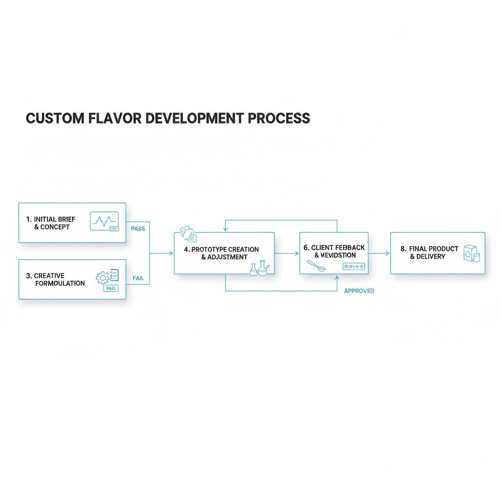 Un organigramme technique professionnel illustrant le cycle de vie étape par étape du développement d'arômes personnalisés, y compris le briefing initial, l'analyse GC-MS, les tests sensoriels et la mise à l'échelle finale de la fabrication.