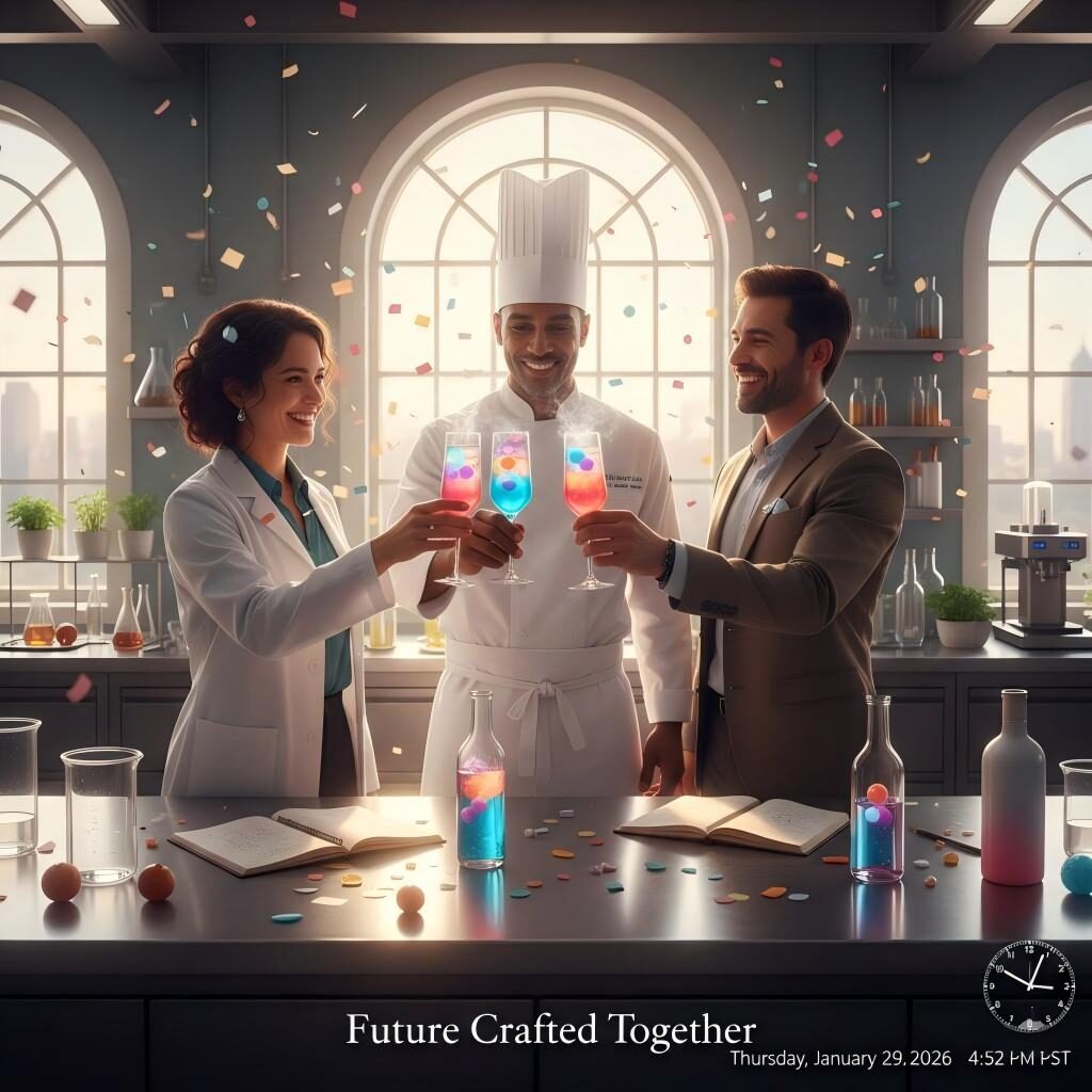 Une équipe diversifiée composée d'un chef, d'un scientifique des arômes et d'un chef de marque célèbre un partenariat réussi en trinquant avec des boissons colorées et innovantes dans une cuisine d'essai moderne et ensoleillée.
