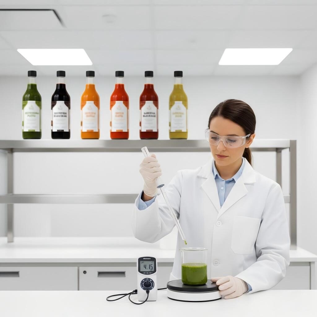 Un chimiste des arômes professionnel effectue un titrage sur un échantillon de sauce dans un laboratoire en salle blanche, avec des bouteilles finies de sauces pesto, buffalo et balsamique prêtes pour des tests de qualité.