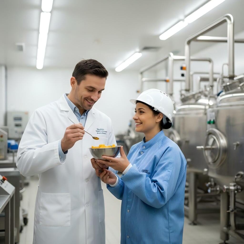 Un regard en coulisses sur un scientifique des arômes et un responsable de production collaborant dans une usine pilote pour examiner un produit fini, illustrant le partenariat entre la R&D et la fabrication.