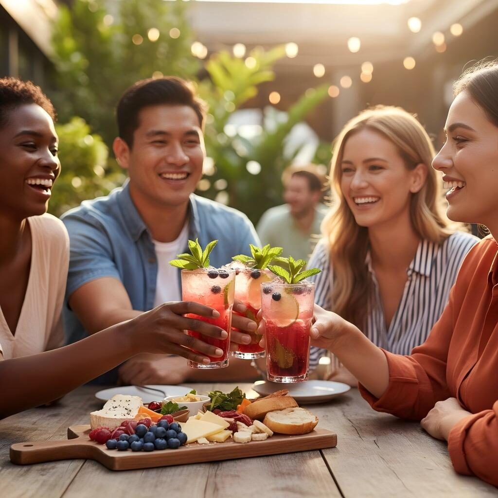 Una imagen de estilo de vida de alto contraste que muestra a un grupo diverso de amigos disfrutando de bebidas vibrantes con infusión botánica y una tabla de aperitivos frescos en un ambiente al aire libre moderno y bañado por el sol.