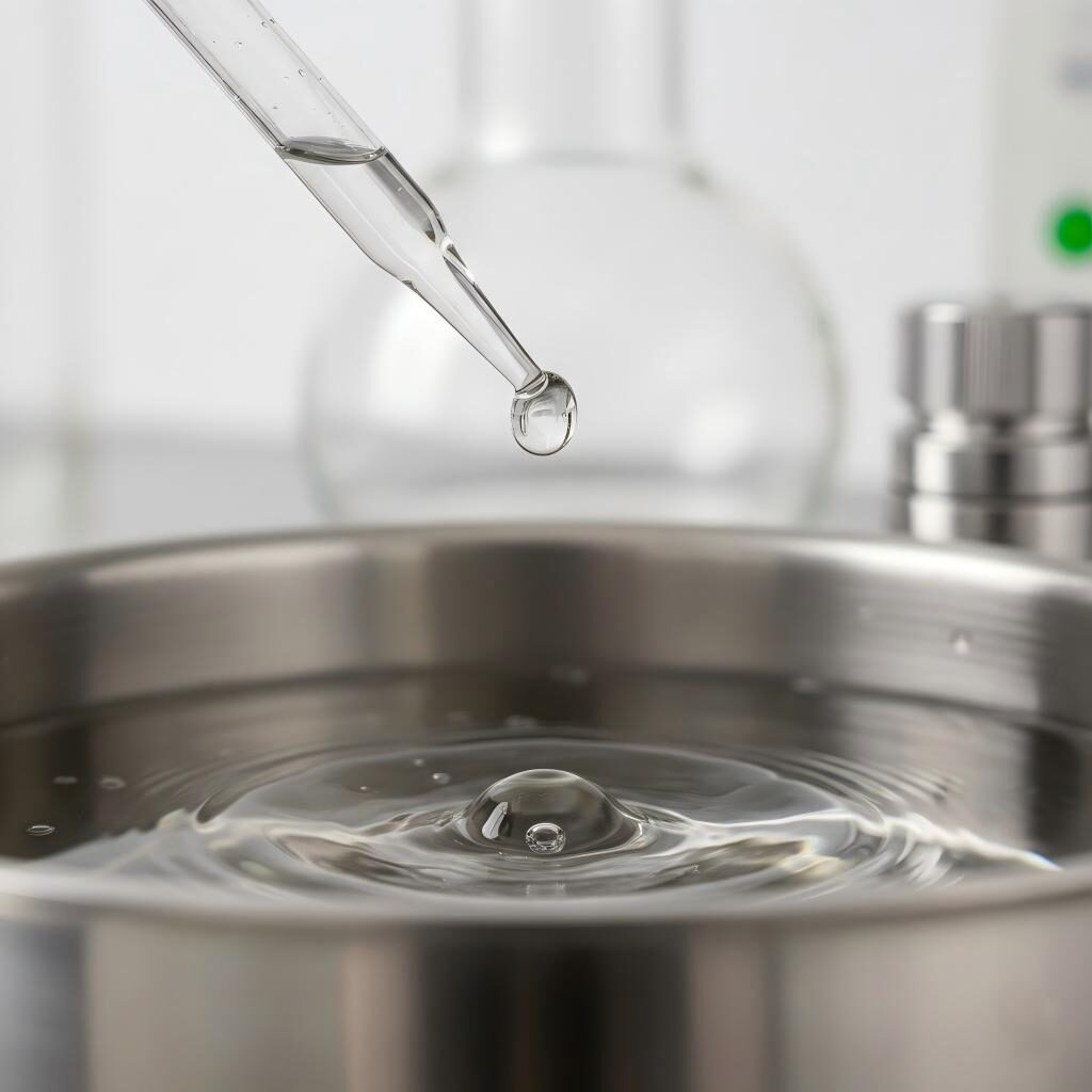 A high-definition macro photograph capturing a clear liquid concentrate being precisely dropped into a stainless steel mixing vessel, highlighting refractive details and clinical lab precision.
