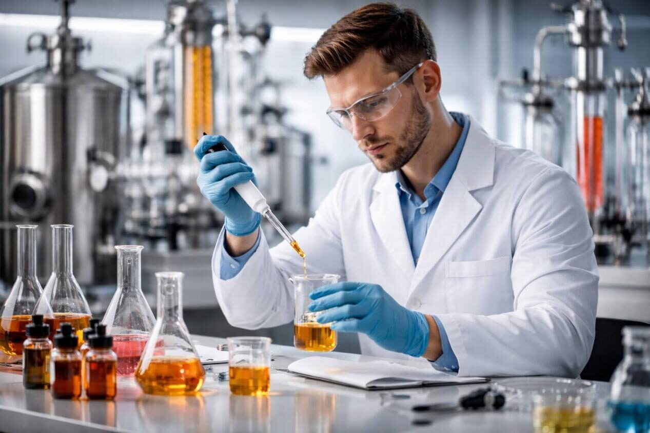 High-resolution artistic imagery of a professional flavor chemist precisely blending amber liquids using a micro-pipette in a modern laboratory. Stainless steel distillation equipment and glassware emphasize scientific precision, innovation, and high-tech craftsmanship.