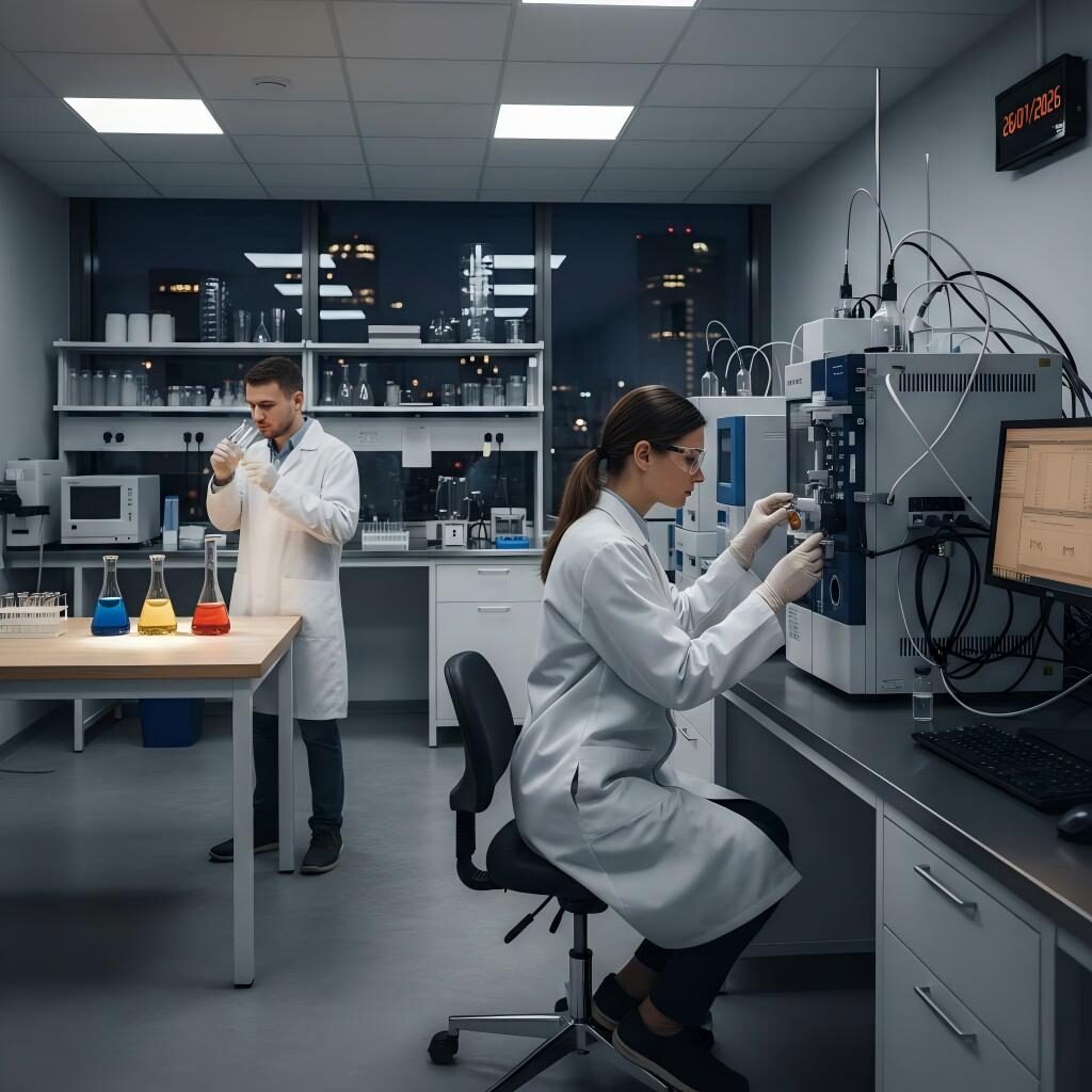 A high-resolution view of a modern analytical laboratory featuring technicians performing sensory analysis and operating advanced Gas Chromatography-Mass Spectrometry (GC-MS) equipment.
