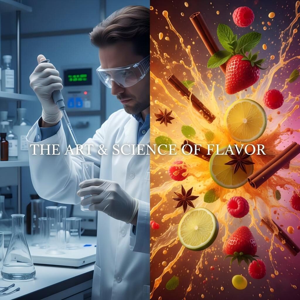 A split-screen visual contrasting a food scientist's technical laboratory precision with a vibrant explosion of fresh citrus, berries, and spices.