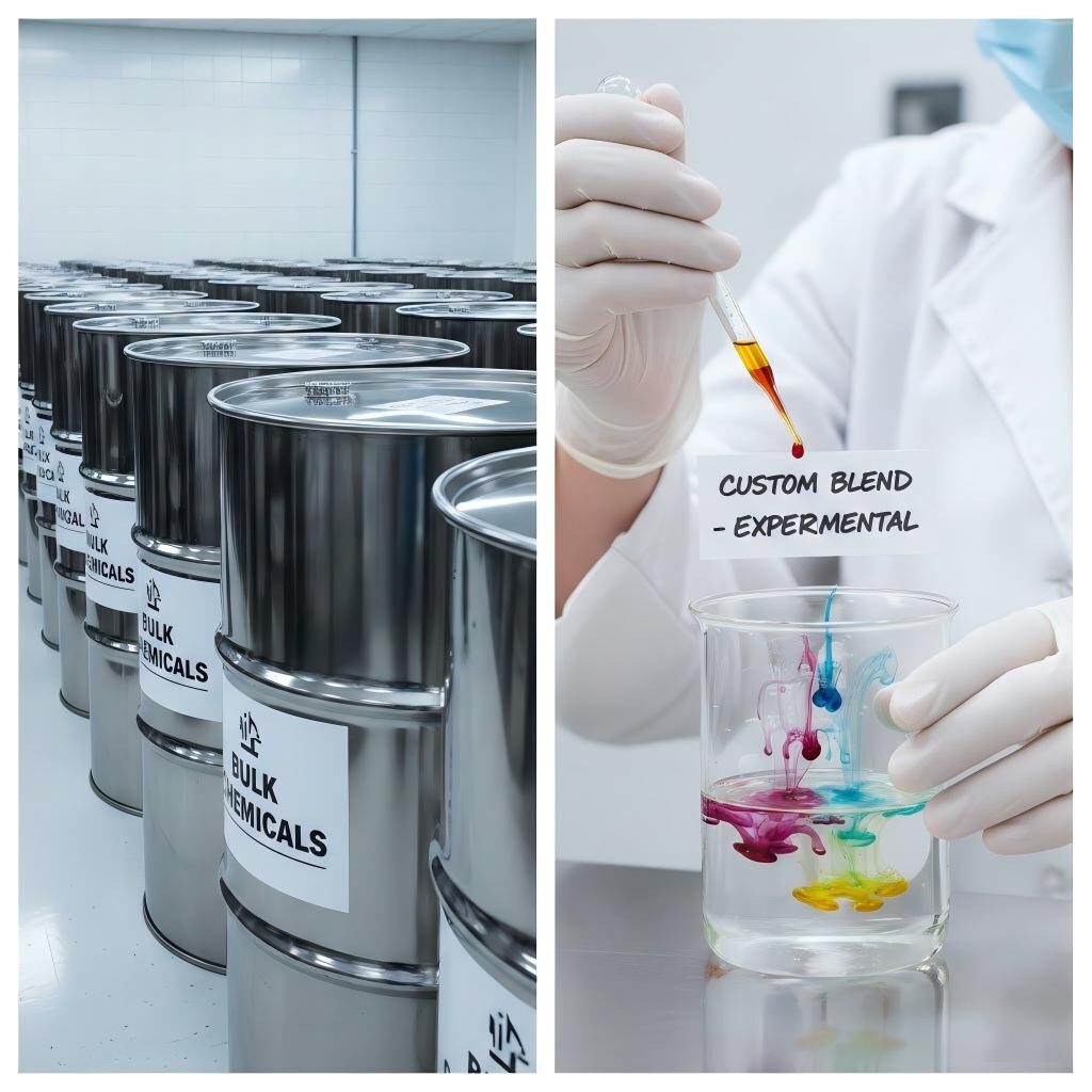 A professional split-screen comparison showcasing large-scale industrial stainless steel drum production alongside precision laboratory flavor customization using aromatic oils and pipettes.