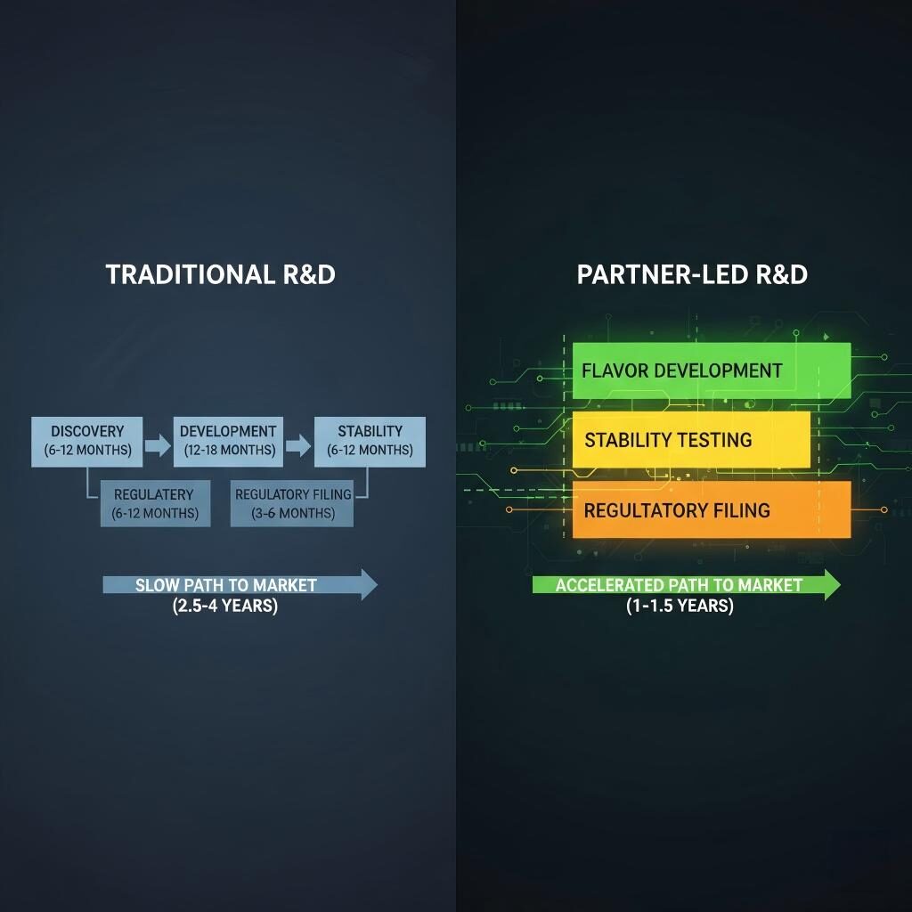 A split-screen comparison showing how a partner-led R&D approach accelerates time-to-market by overlapping flavor development, stability testing, and regulatory filing compared to traditional linear models.