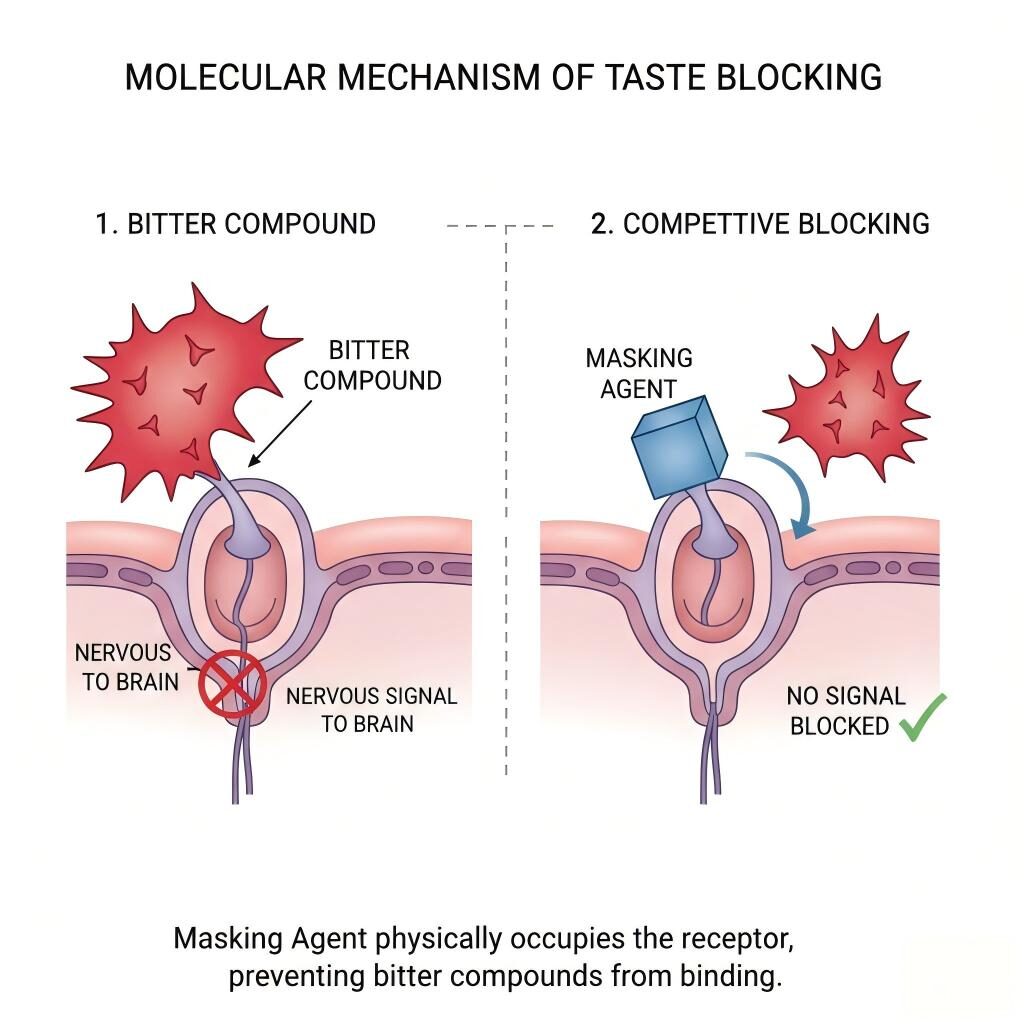 A scientific diagram illustrating the molecular mechanism of taste masking, showing how masking agents block bitter compounds from binding to human taste bud receptors.