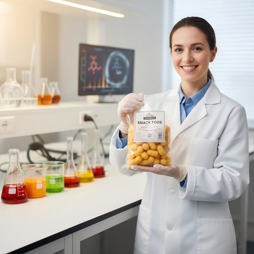 A professional food scientist showcases a bag of perfectly seasoned snacks in an R&D lab, illustrating the bridge between chemical flavor research and consumer food products.