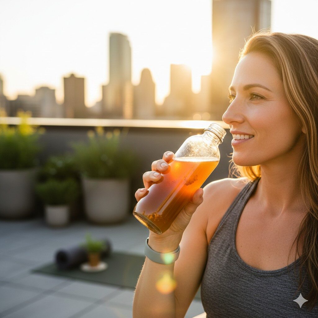 A vibrant lifestyle photograph of a health-conscious individual enjoying a refreshing kombucha on an urban rooftop during sunset, highlighting natural vitality.