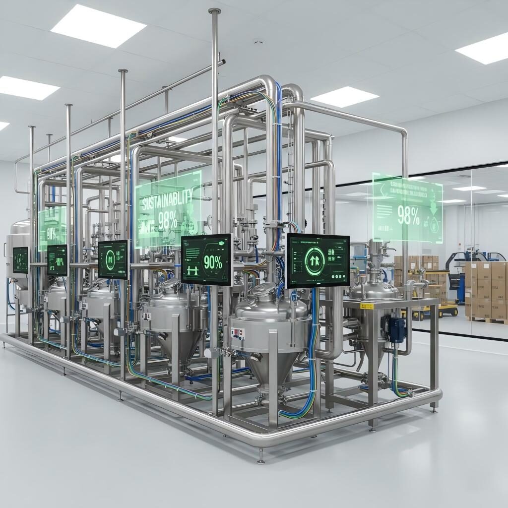 A wide-angle view of a state-of-the-art, automated flavor production facility featuring stainless steel systems and digital panels displaying high sustainability and efficiency metrics.