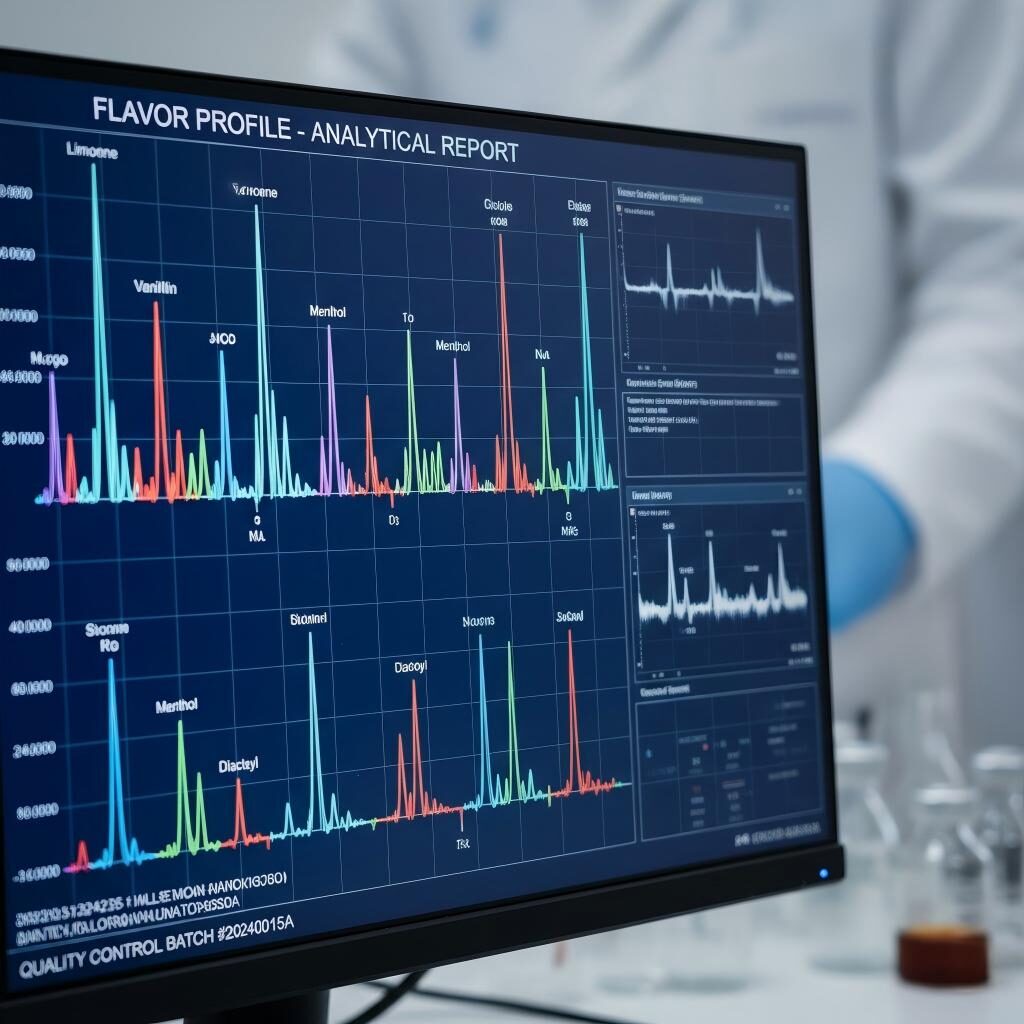 A high-precision GC-MS analytical report screen showing chemical peaks for a complex flavor profile, highlighting the technical accuracy required for flavor matching and quality assurance.