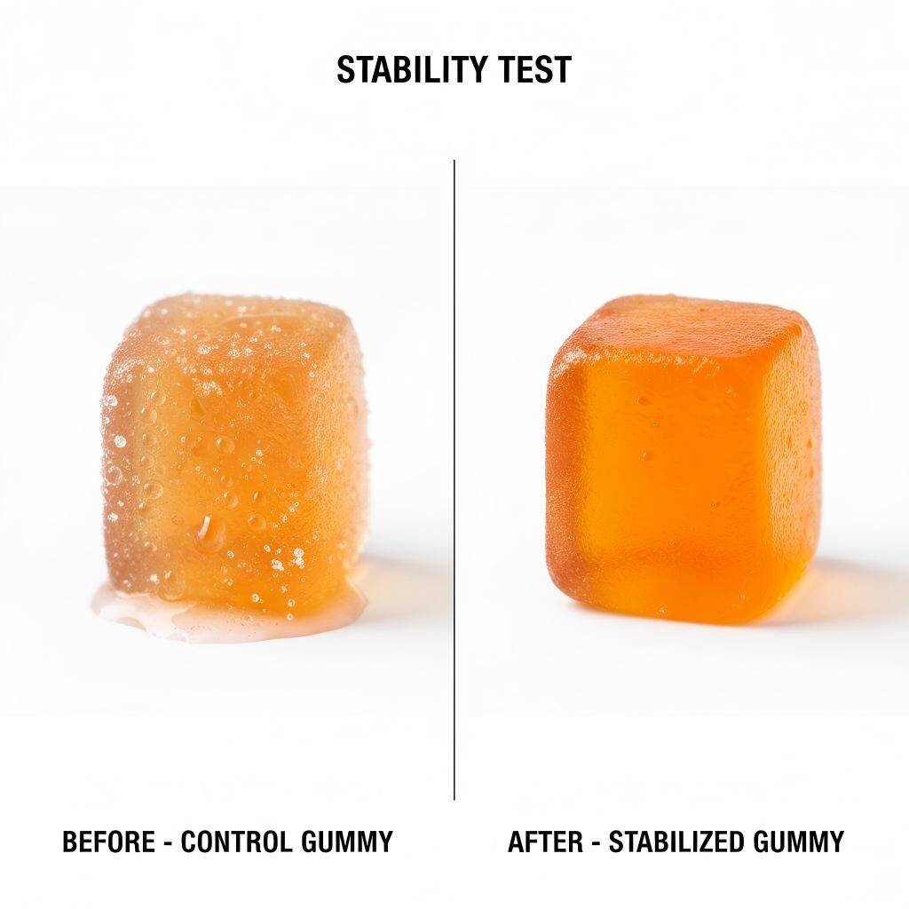 A side-by-side stability test visual showing the difference between a control gummy with syneresis (sweating) and a stabilized gummy using advanced moisture-control technology.