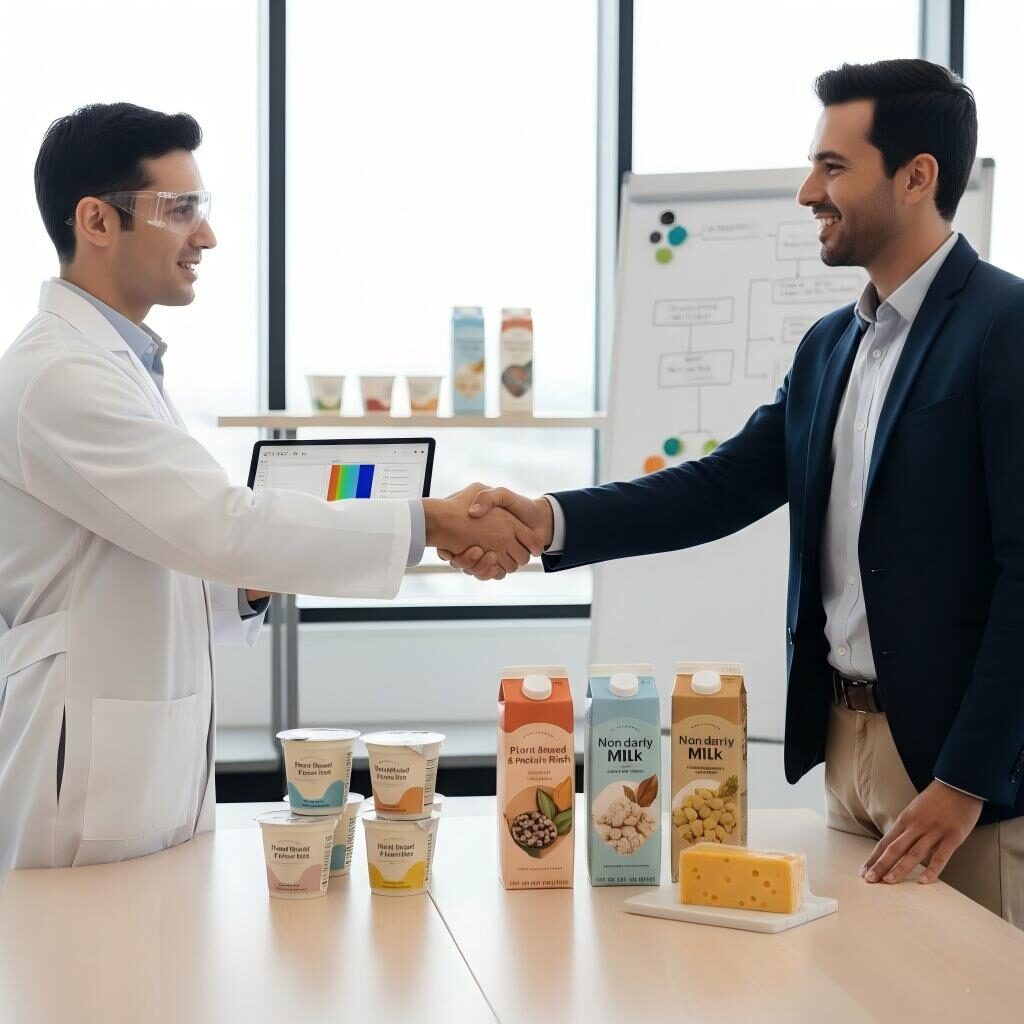 A professional partnership scene depicting the collaborative journey of food scientists and business leaders bringing innovative plant-based dairy products to market.