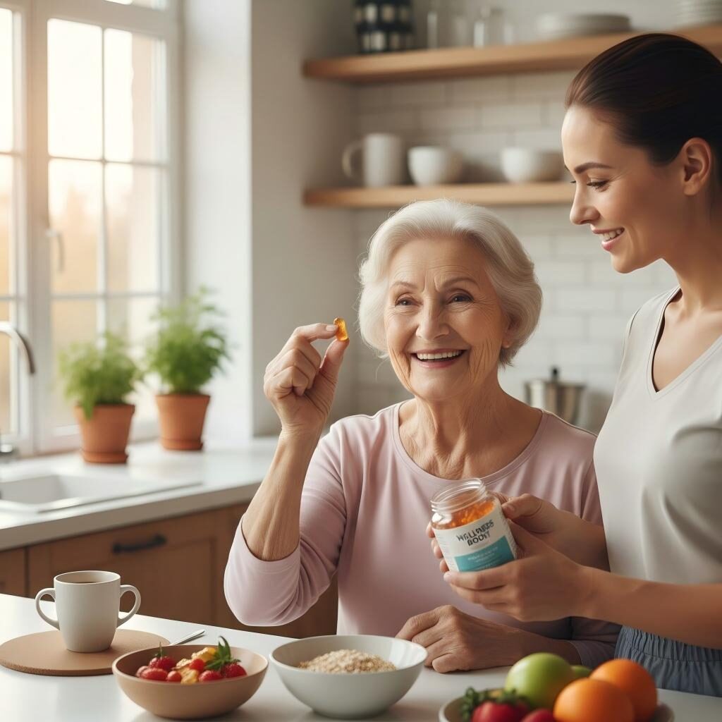 A warm and bright lifestyle image of an adult enjoying a gummy supplement in a modern kitchen, illustrating the ease and positive experience of functional nutrition.