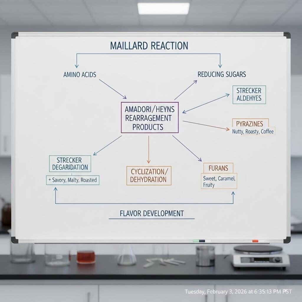 Un diagramme scientifique simplifié illustrant la voie de réaction de Maillard, montrant comment les acides aminés et les sucres réducteurs se transforment en classes d'arômes clés comme les pyrazines et les furanes.
