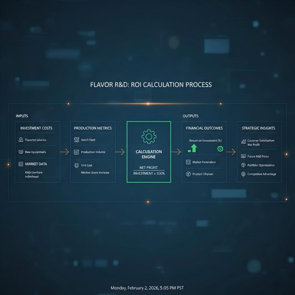 Un organigramme professionnel détaillant le processus étape par étape de calcul du retour sur investissement (ROI) pour la R&D sur les arômes. Des coûts d'investissement et des mesures de production aux moteurs de calcul et aux avantages concurrentiels stratégiques.