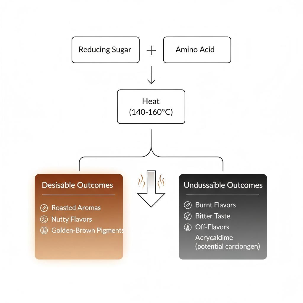 Un diagramme scientifique illustrant le processus de réaction de Maillard, depuis les sucres réducteurs et les acides aminés jusqu'aux arômes de torréfaction souhaitables et aux saveurs brûlées indésirables.