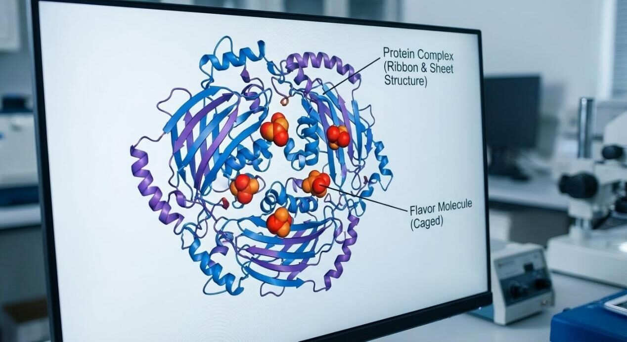 Un monitor científico que muestra una estructura proteica compleja que "enjaula" moléculas de sabor para ilustrar el concepto de unión del sabor.