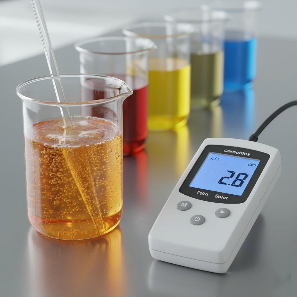 Photographie de laboratoire professionnel montrant une sonde pH-mètre numérique mesurant une boisson à l'orange avec une lecture précise de 2,8, démontrant les tests d'acidité en science alimentaire.