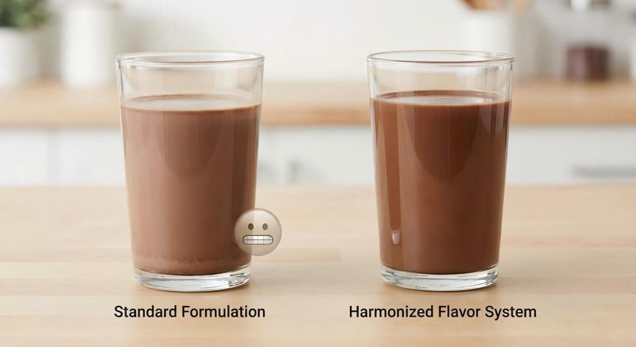 Una comparación lado a lado de dos bebidas proteicas de chocolate que muestra la diferencia visual entre una formulación estándar y una armonizada.