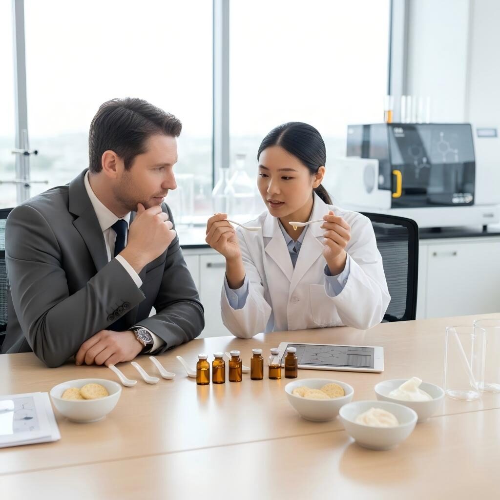 Un cadre professionnel montrant un chimiste des arômes et un fabricant de produits alimentaires collaborant sur des profils d'arômes. L'image capture le processus critique d'examen des échantillons d'e-liquides ou de qualité alimentaire et des tests sensoriels dans un environnement de laboratoire moderne et de haute technologie.