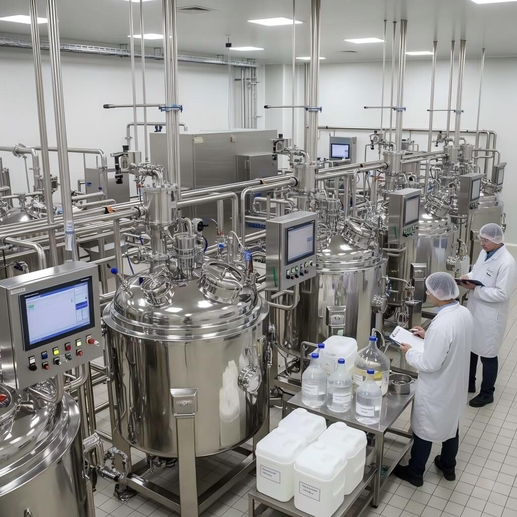 Un environnement industriel de haute technologie comprenant des cuves de réaction en acier inoxydable et des panneaux de contrôle pour la production à l'échelle pilote d'arômes de réaction de Maillard contrôlés.