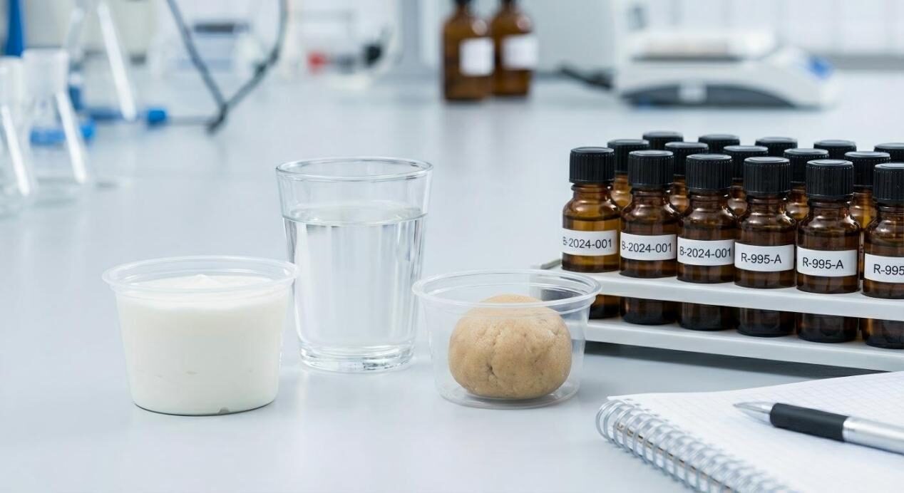 سيناريو "منضدي" يُظهر القواعد الغذائية غير المنكهة بجانب عينات النكهة الفنية لتطوير المنتج.