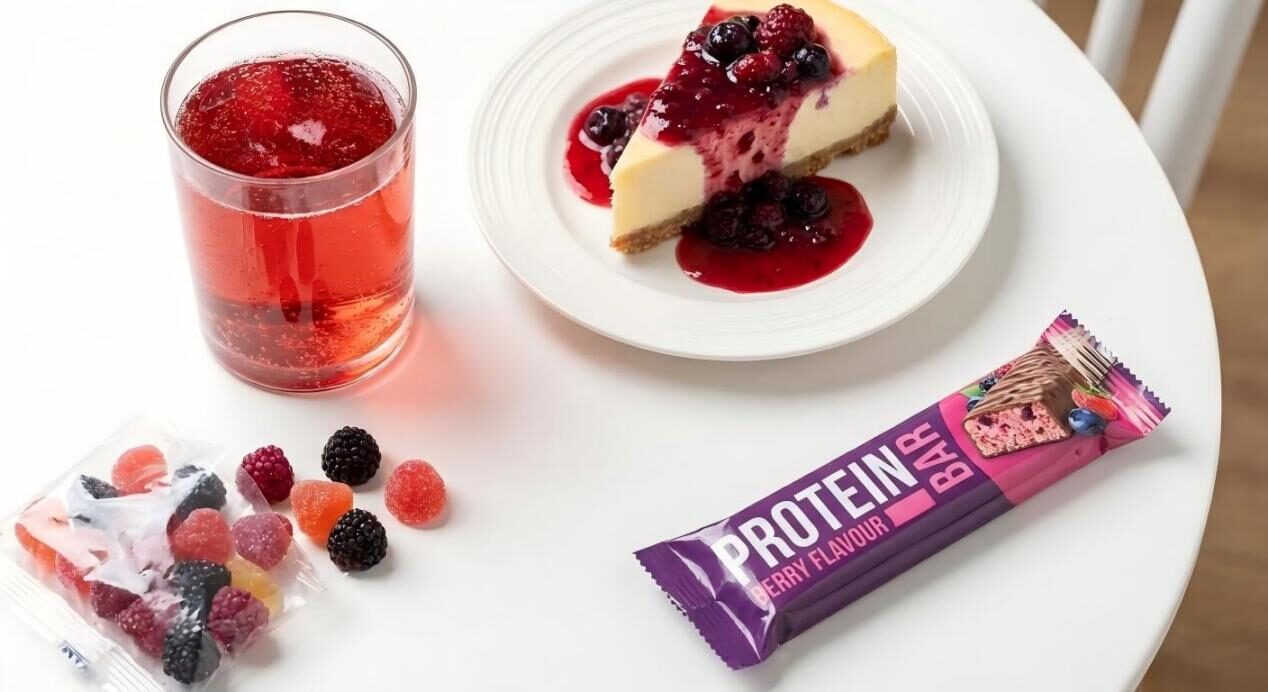 مجموعة مسطحة نابضة بالحياة من المنتجات الاستهلاكية النهائية، بما في ذلك المشروبات والوجبات الخفيفة، تعرض الاستخدام الناجح للنكهات.