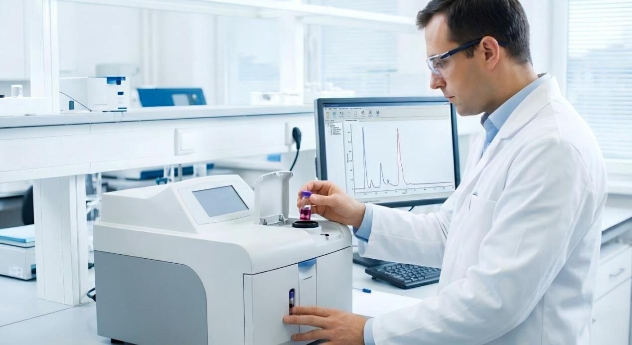 Un científico profesional que utiliza tecnología GC-MS y E-nose para capturar el perfil químico volátil de una bebida compleja.