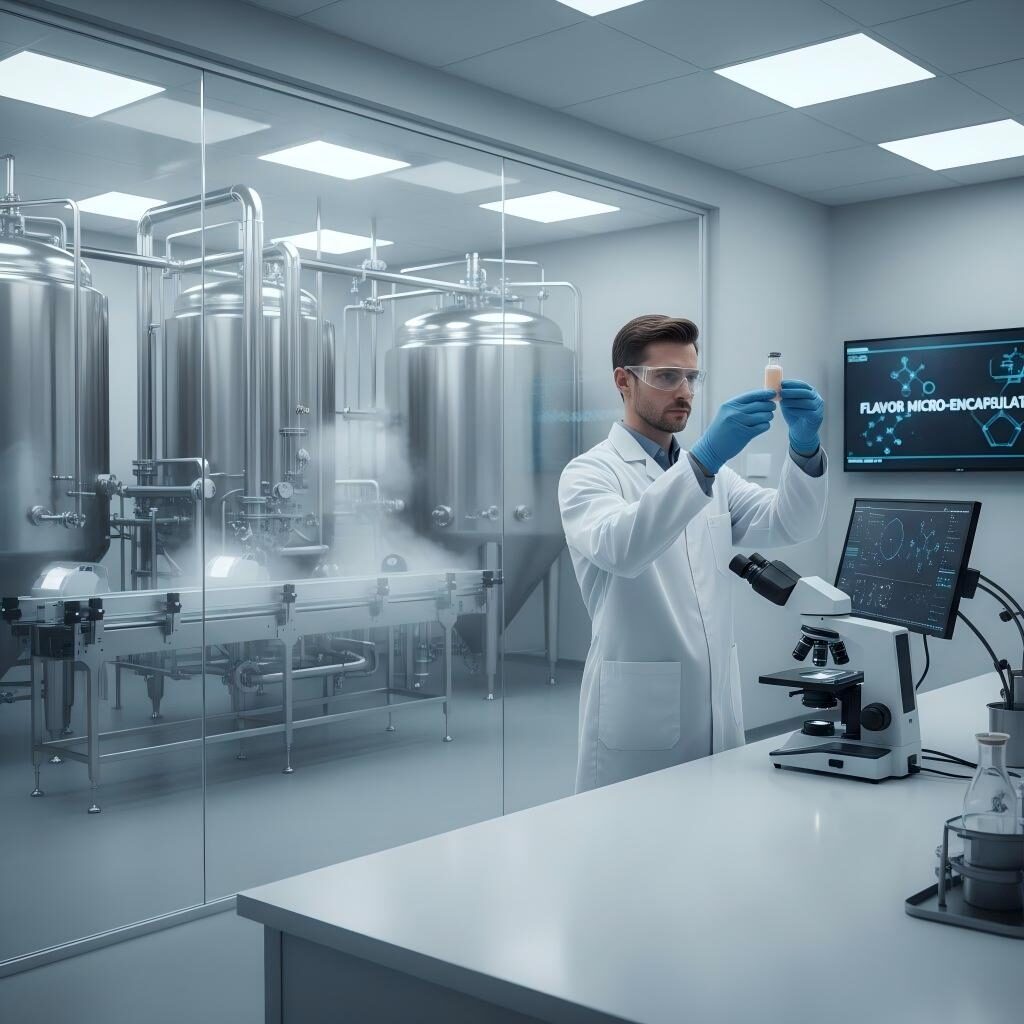 Un scientifique en alimentation examine la technologie des arômes encapsulés dans un laboratoire de haute technologie, avec une usine pilote industrielle à grande échelle visible en arrière-plan, symbolisant le pont entre la R&D et la production.
