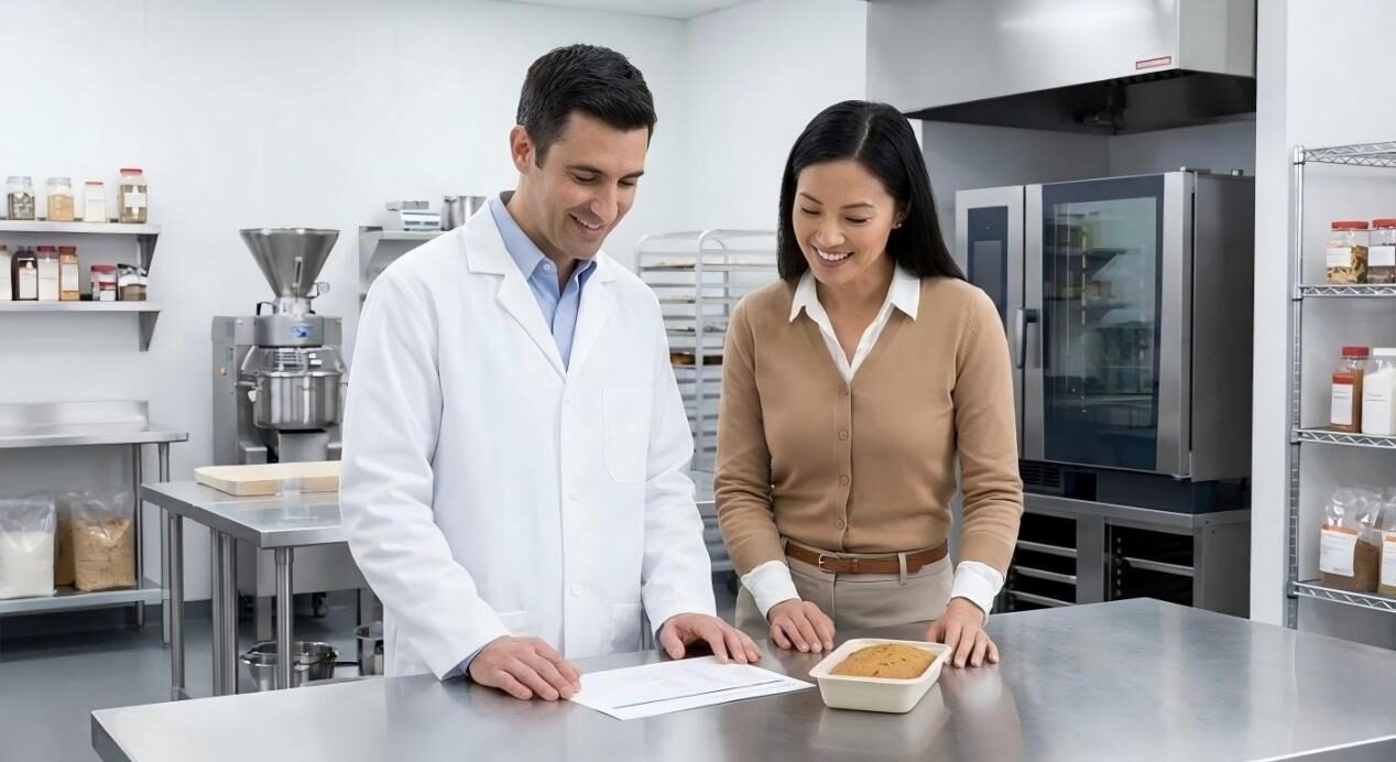 Una escena profesional de un químico aromatizante y un desarrollador que colaboran en un prototipo en una moderna instalación de investigación y desarrollo.