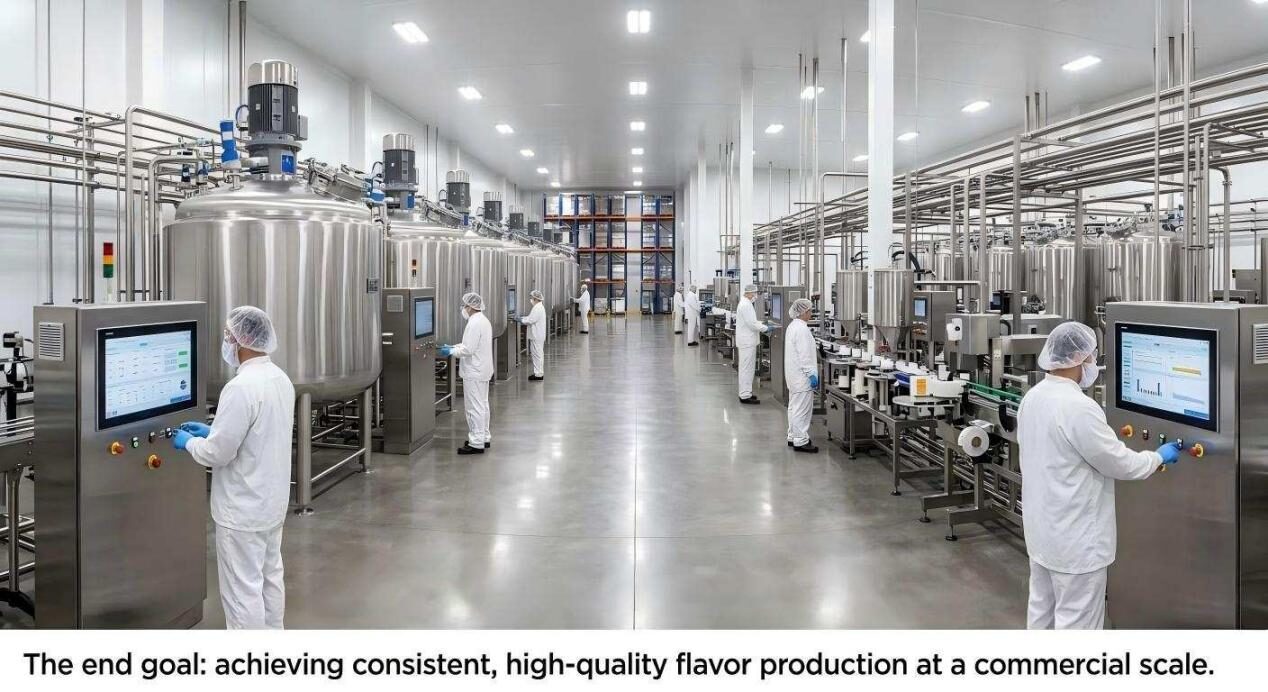 Una vista panorámica de una instalación de producción moderna y estéril que logra la fabricación de sabores de alta calidad a escala comercial.