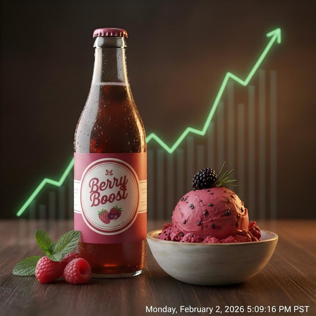 Une photographie de style de vie vibrante de soda aromatisé aux baies de qualité supérieure et de crème glacée gastronomique, avec une superposition d'un graphique de croissance vert brillant. Ce visuel met en évidence la manière dont les profils aromatiques supérieurs se traduisent directement par le succès sur le marché et l’augmentation des marges bénéficiaires.