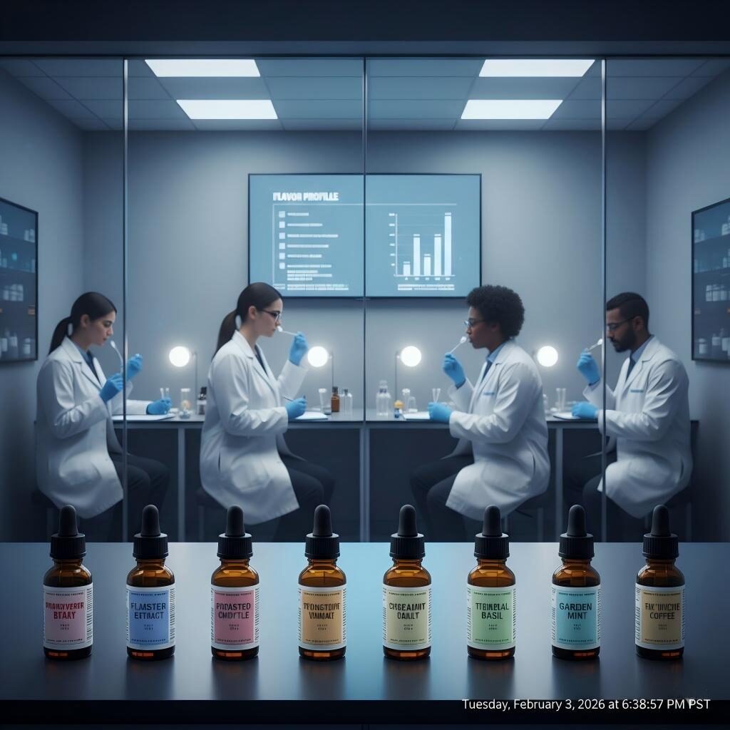 Un cadre de R&D professionnel comprenant des mélanges d'arômes finis et un panel d'évaluation sensorielle, mettant en valeur la rigueur scientifique et la préparation commerciale de l'innovation en matière d'arômes.
