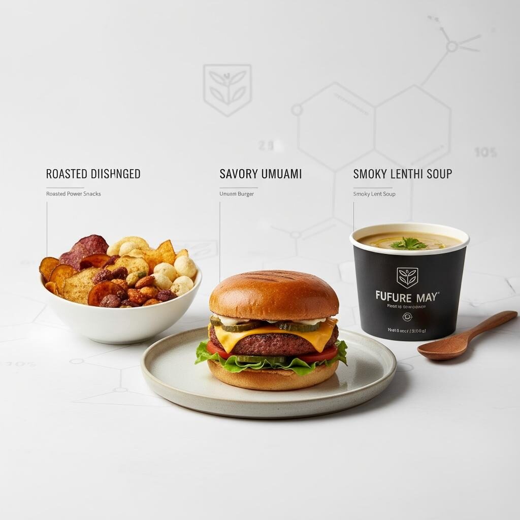 Une vitrine professionnelle de produits alimentaires de grande consommation, notamment un hamburger à base de plantes, des collations salées et une soupe, mettant en valeur l'application réussie des arômes de réaction de Maillard.