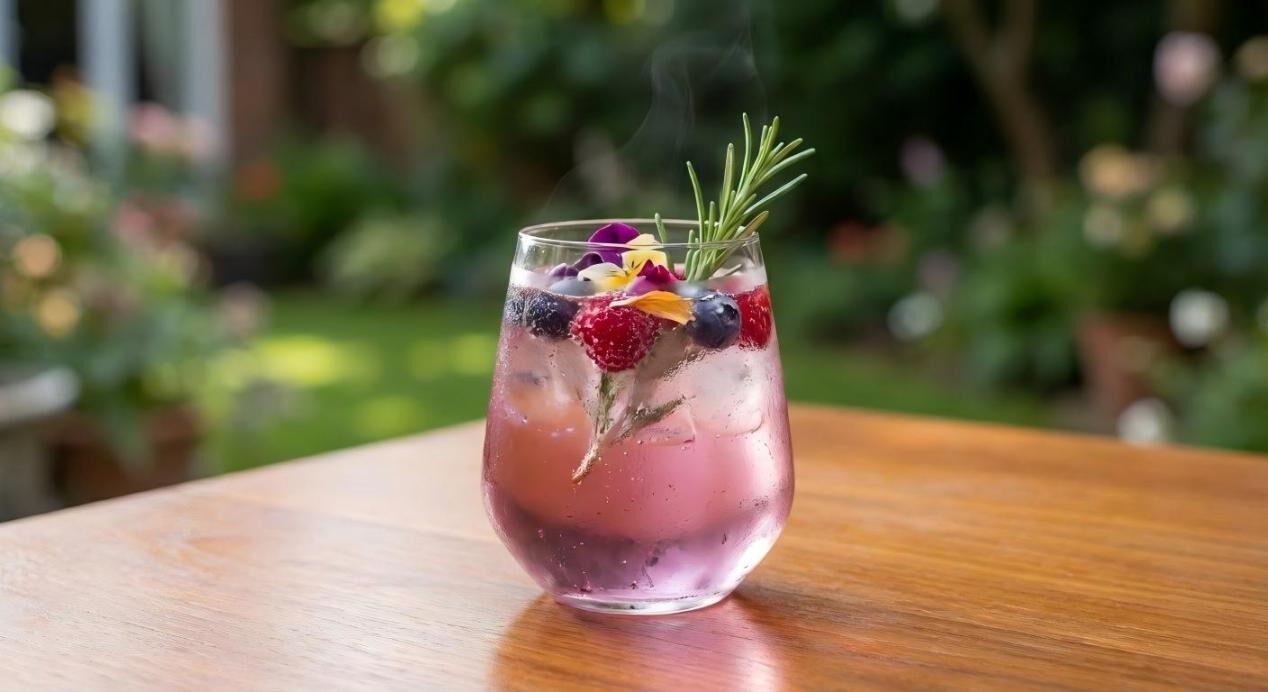 Un trago "héroe" de alta gama de una bebida botánica fría con condensación y colores vibrantes, que representa la cima de la innovación en sabores.