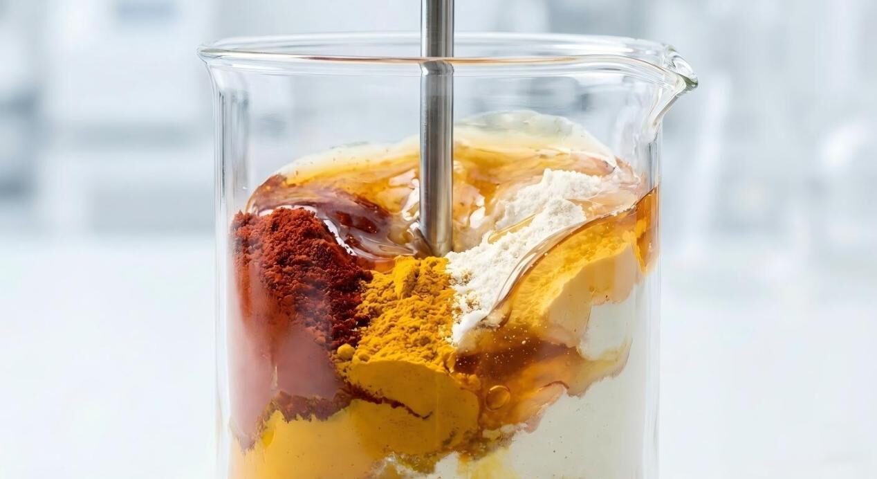 A close-up of colorful spice extracts and protein isolates being mixed in a laboratory beaker with scientific precision.