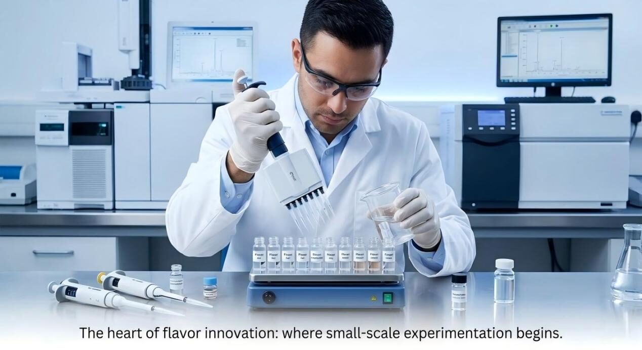 A close-up of a flavor chemist performing meticulous small-scale experimentation with analytical instruments in a high-tech lab.