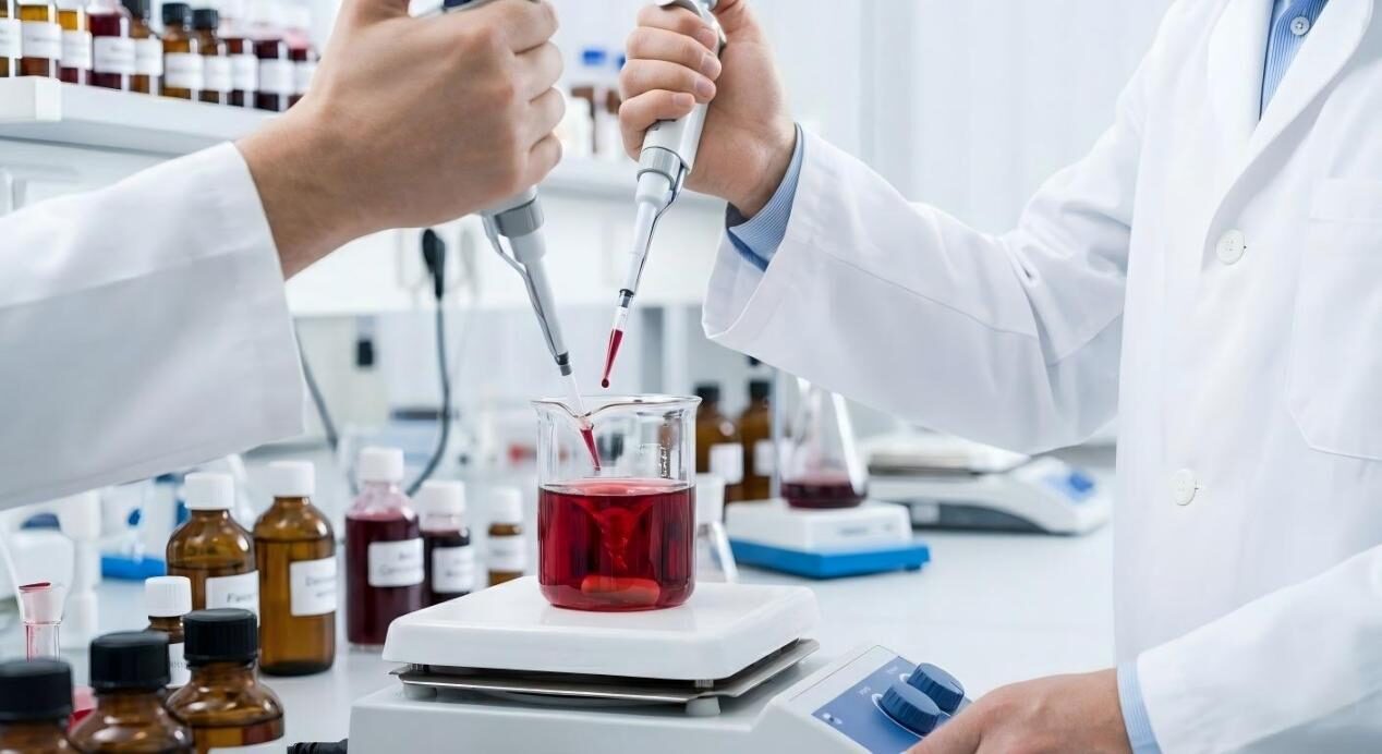 A clean, clinical shot of a scientist adding concentrated flavor to a beaker, emphasizing technical accuracy in R&D.